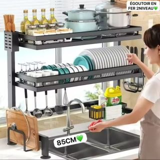 Égouttoir pour ustensiles de cuisine et vaisselle pour évier à 2 niveaux en Fer