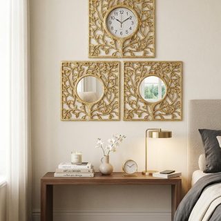 Horloge et miroir murale 3 pcs carrée en  plastique léger et résistant, motif arbre